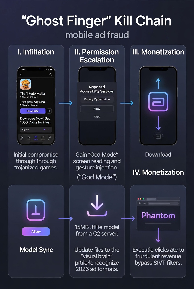 A digital illustration of the Ghost Finger Kill Chain for mobile ad fraud, showing four stages: Infiltration, Permission Escalation, Model Sync, and Monetization, in a futuristic cyberpunk style.