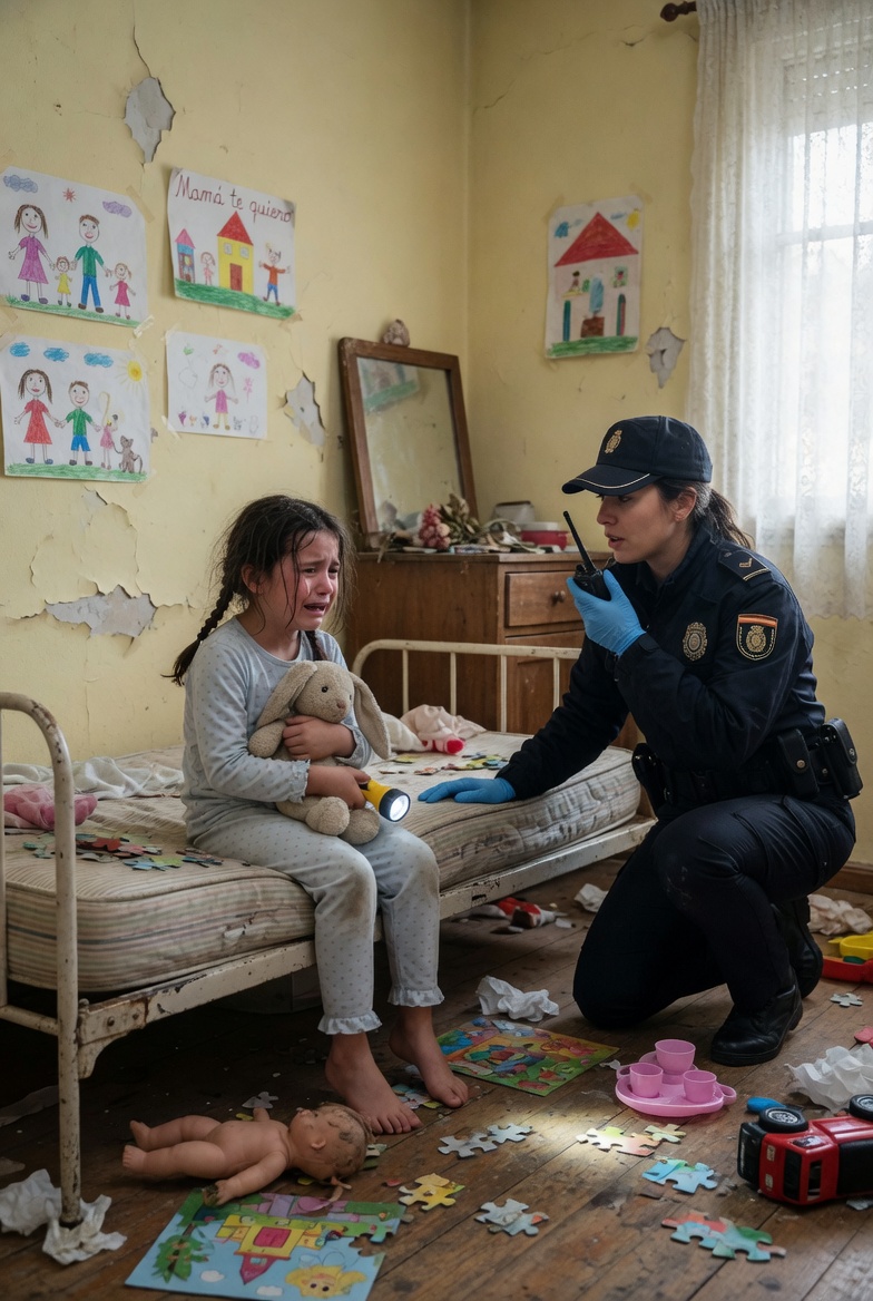 A highly realistic vertical 4:5 documentary-style photo inside a neglected Spanish child’s bedroom, natural daylight entering through the lace-curtained window on the right, neutral white balance, NO yellow light, NO warm tone, realistic soft shadows and muted colors; composition exactly like the reference image, with cracked pale yellow walls, peeling paint, children’s drawings taped unevenly on the wall, old wooden dresser with mirror, worn metal bed frame, dirty mattress, messy wooden floor, scattered puzzle pieces, tissues, dolls, a pink toy tea set and a red toy truck; on the left foreground, a frightened little Spanish girl sits curled up on the bed crying, hugging a plush bunny and holding a small flashlight, wearing the same long-sleeve pajama set style but changing only the color to pale dusty blue with tiny muted lavender dots; on the right foreground, a Spanish female police officer kneels beside the bed, speaking gently into a radio, wearing the same police uniform, cap, badge, utility belt, black boots and blue gloves style but changing only the uniform color to deep midnight navy; exact character positions, gestures, facial expressions, clothing shapes, room layout, props, camera angle and depth of field as the provided image, photorealistic, sharp facial details, natural fabric texture, no cartoon, no fantasy, no exaggerated saturation.