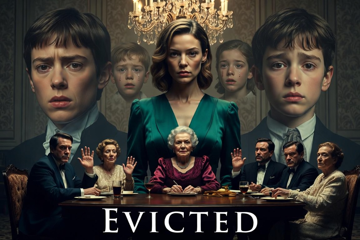 A powerful, ultra-realistic movie poster featuring Maya, a fierce 34-year-old corporate crisis manager, in the foreground, exuding calm confidence as she stands tall in a tailored emerald silk dress, with her determined expression illuminated by dramatic volumetric lighting that highlights her strong jawline and piercing eyes. Behind her, a tense tableau unfolds at a lavish dining table, where her smug mother-in-law, Beatrice, a wealthy matriarch in a wrinkled burgundy silk dress, sits at the head, flanked by conniving family members with raised hands, symbolizing betrayal. In the background, an ominous crystal chandelier casts shadows, hinting at layers of family secrets, while ghostly flashbacks of Leo, a young boy with tears streaming down his cheeks, peek through the ornate wallpaper, emphasizing familial loyalty vs. betrayal. The atmosphere is fraught with tension, capturing the raw emotions of power struggles and revenge. The poster's composition mirrors classic courtroom dramas with a touch of psychological thriller, showcasing the intensity of a family torn apart by greed and manipulation while retaining a Hollywood flair with ultra-detailed realism, rich textures, and cinematic lighting effects. The title "Evicted" is elegantly placed at the bottom, in bold yet refined typography, evoking both strength and vulnerability, encapsulating the themes of resilience and power reclamation, rendered in 8K, award-winning film aesthetic, ensuring a dramatic storytelling impact.