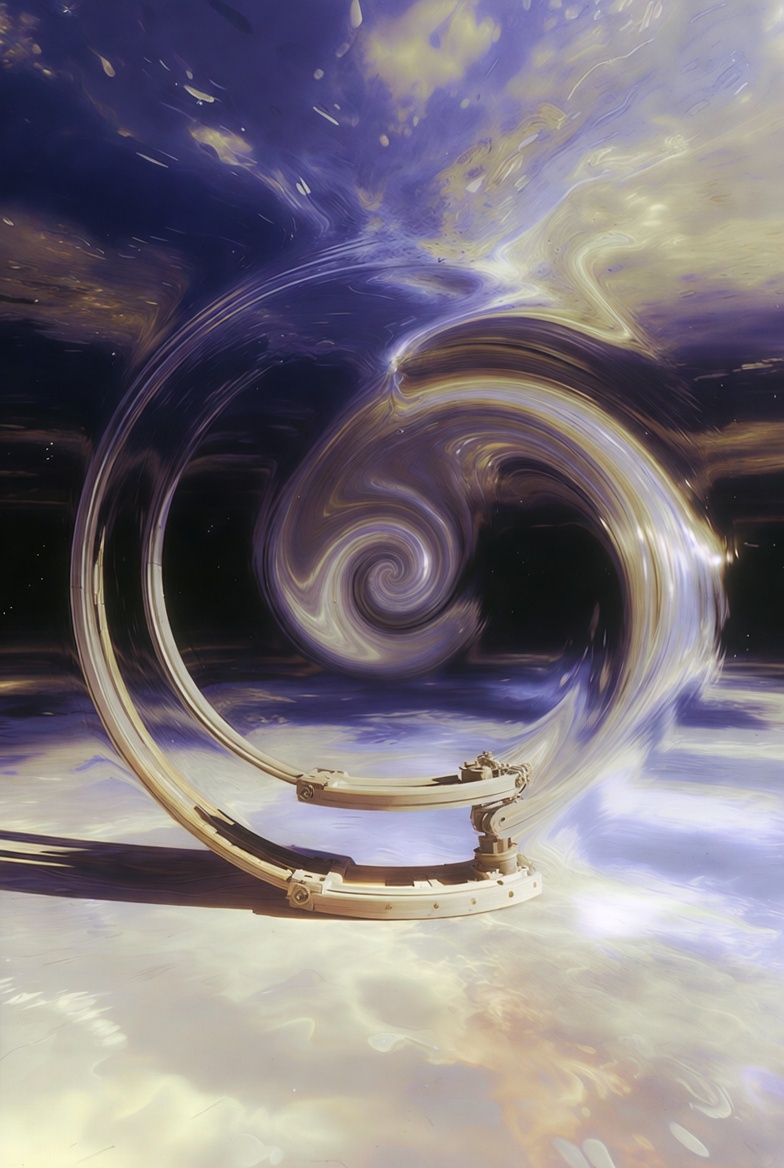 A photograph of an abstract conceptual system with interconnected elements forming a closed loop, representing a dynamic interaction between scalar quantity, dark energy, expansion, curvature, and a brake mechanism.