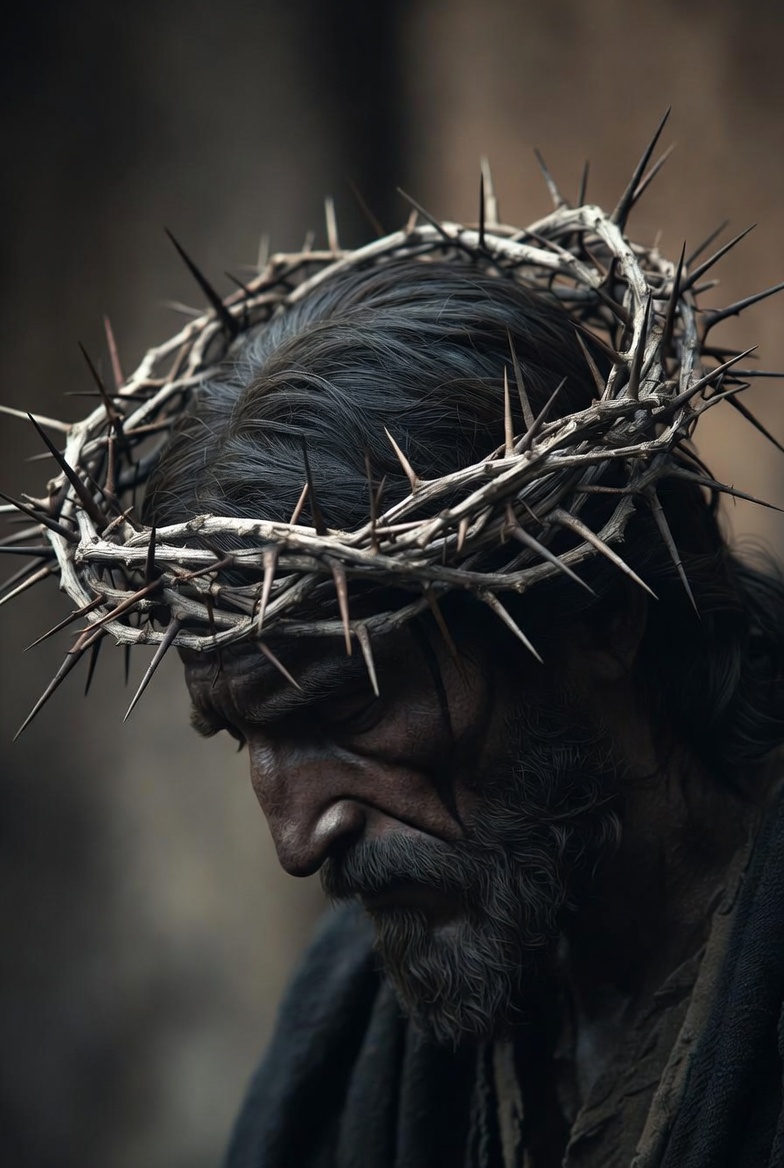 A symbolic photograph of Jesus Christ wearing a crown of thorns in a dark, historical setting.
