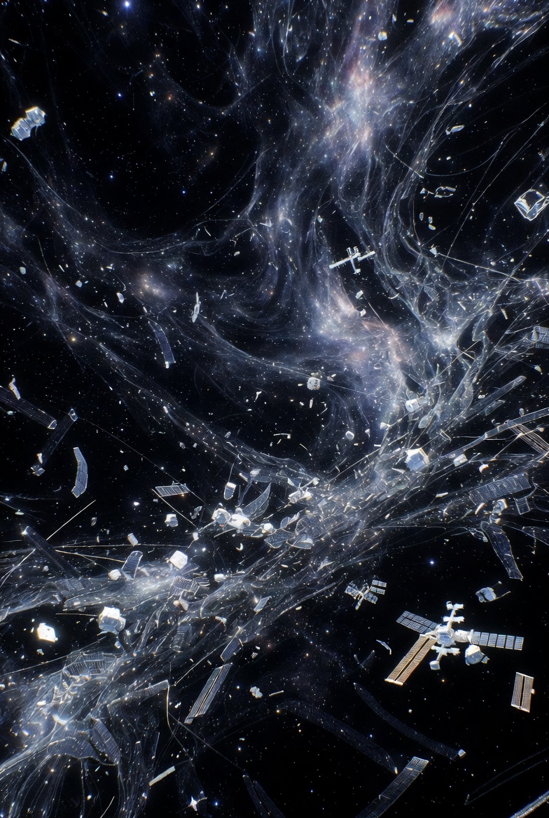 A photographic abstract cosmic scene with swirling dark energy, orbiting space debris, and fragmented text references.