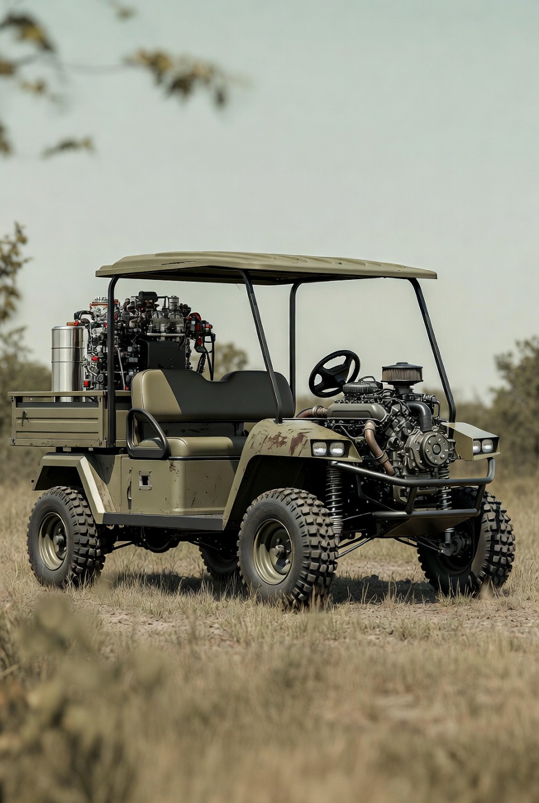A concept art illustration of a rugged, utilitarian golf cart in a muted outdoor setting.