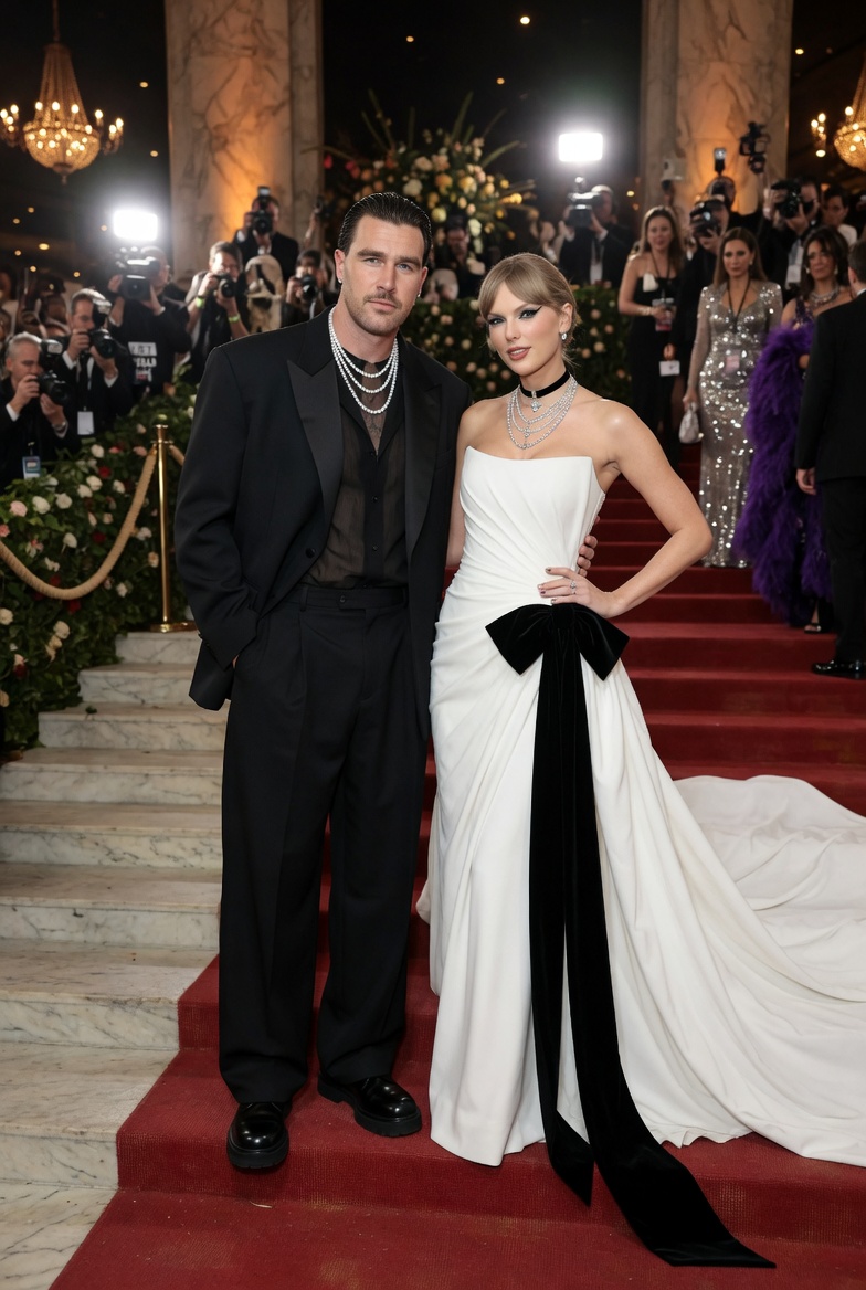 "Travis Kelce and Taylor Swift walking the red carpet at the Met Gala 2026, full body shot, cinematic lighting. Travis Kelce is wearing an all-black oversized tuxedo with black satin lapels, sheer black shirt underneath, multiple layered white pearl necklaces, black platform dress shoes, slicked-back dark hair, serious expression. Taylor Swift is wearing a strapless white ruched gown with a dramatic long flowing train, large black velvet bow and long black velvet ribbon down the front, black choker with large diamond cross pendant and layered diamond necklaces, sleek pulled-back hairstyle with center part, glamorous makeup. They are standing close together posing for photographers, background shows crowded Met Gala stairs with paparazzi and celebrities, elegant venue with soft warm lighting, highly detailed, photorealistic, fashion photography style, 8k --ar 2:3 --stylize 250 --v 6"