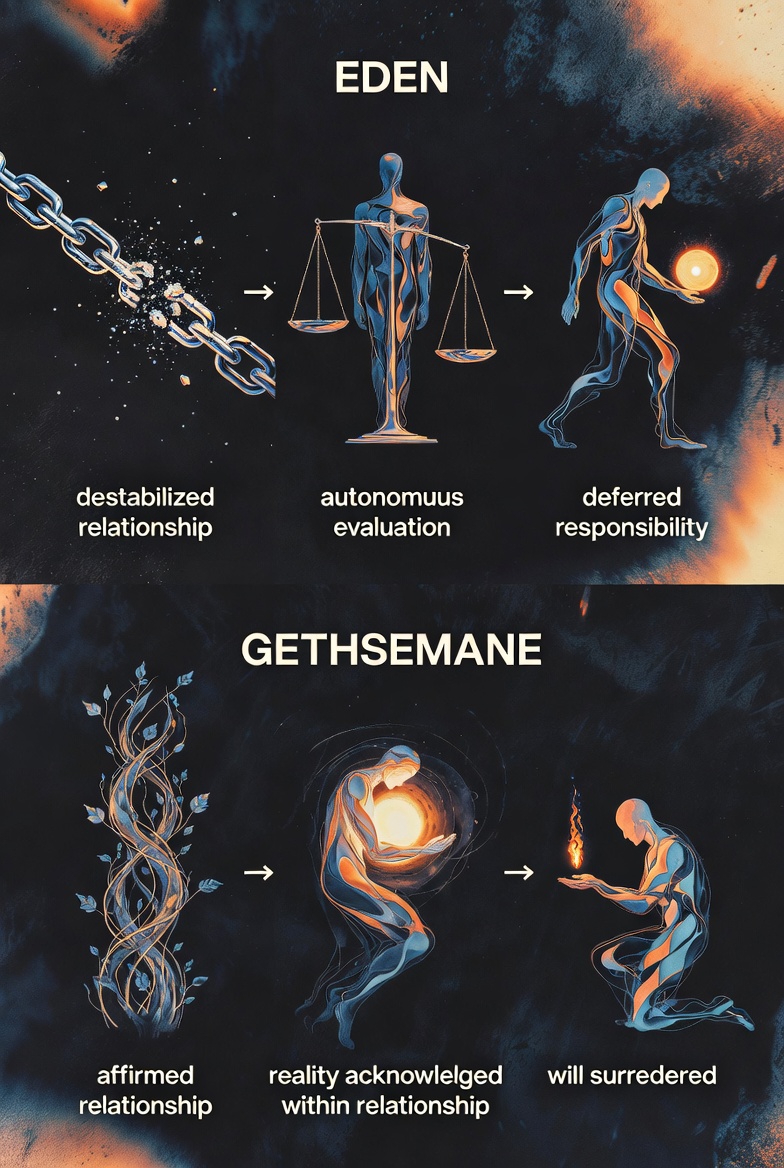 A conceptual abstract illustration of pattern reversal in Eden and Gethsemane, symbolizing internal choice and transformation.
