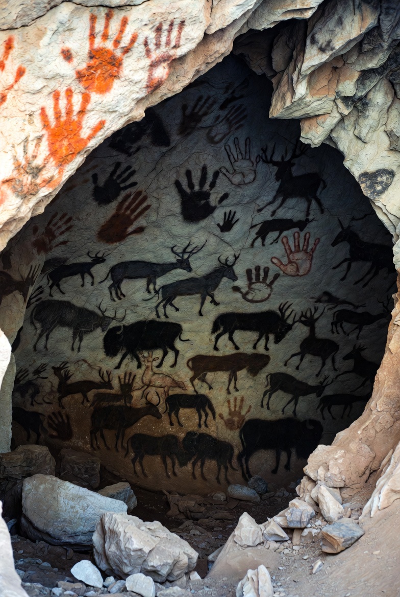 A photograph of ancient cave wall art with handprints and animal drawings, in earthy tones.