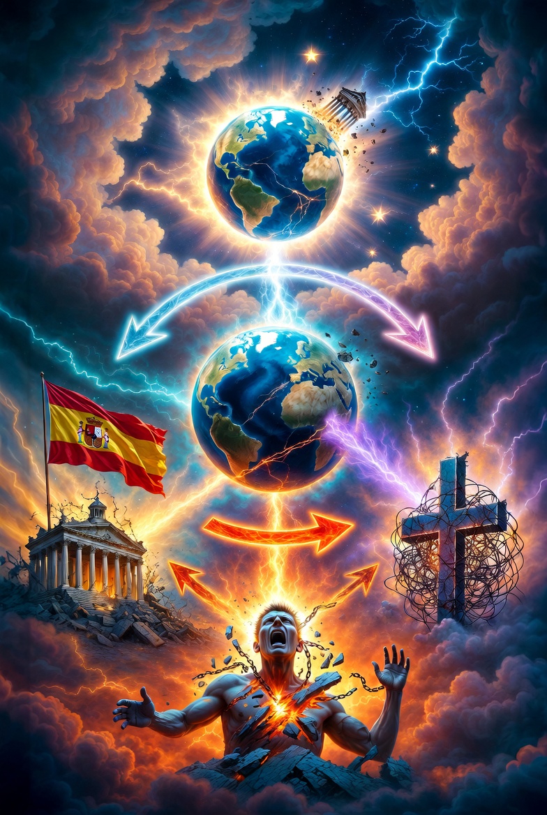 A conceptual abstract artwork showing interconnected corruption across celestial, national, human, and theological domains.