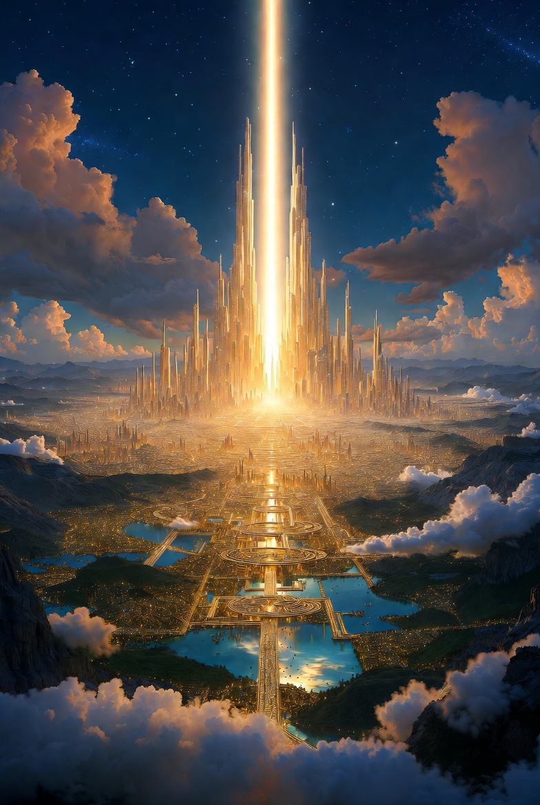 Part XI: The House Finishes, Revelation 21–22 — New Jerusalem, majestic heavenly city descending from heaven, radiant with the glory of God, brilliant like a precious jewel, clear as crystal, with high walls of jasper, twelve foundations adorned with precious stones, twelve gates each made of a single pearl, streets of pure gold like transparent glass, no temple needed as God and the Lamb are its temple, river of the water of life flowing from the throne, tree of life bearing twelve kinds of fruit, leaves for the healing of the nations, eternal light with no need for sun or moon