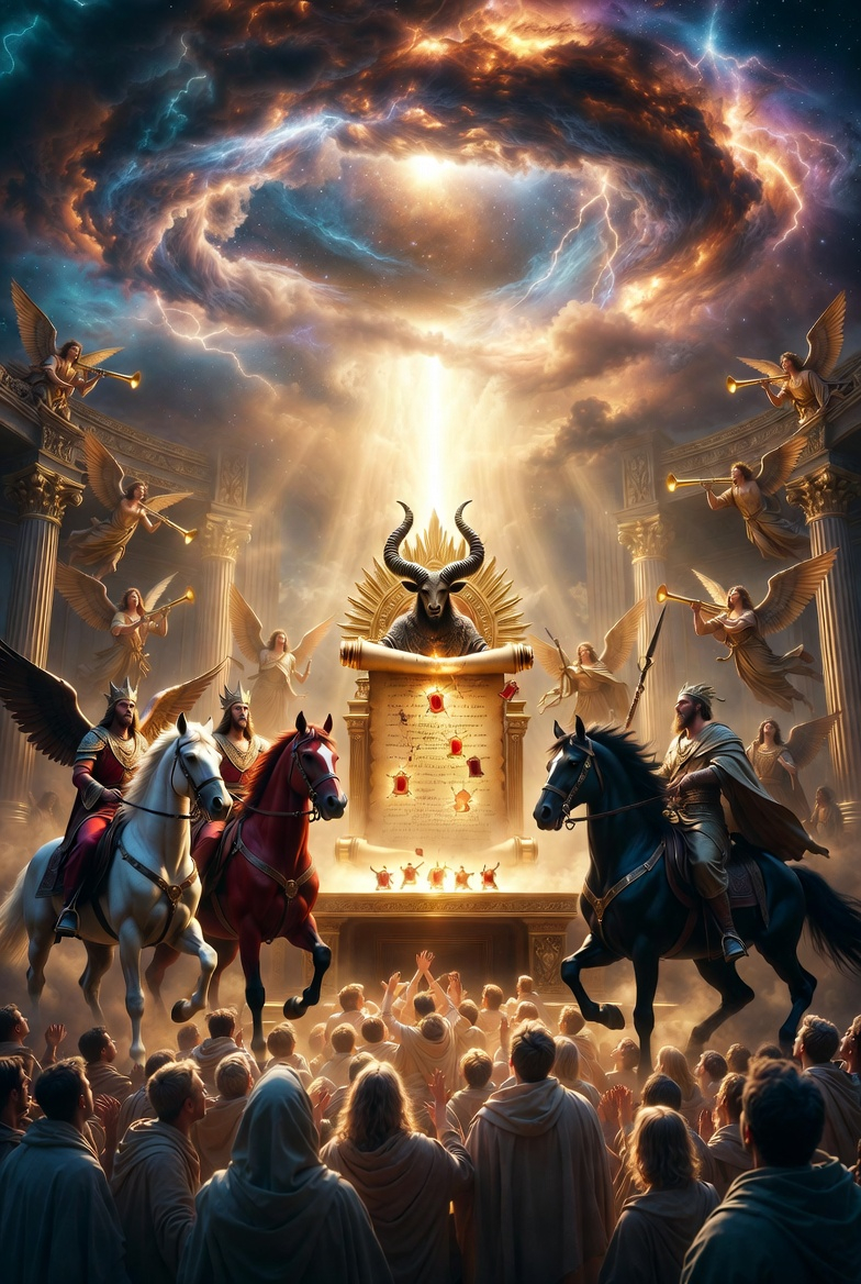 A cinematic biblical scene from Revelation 6–8:1, featuring the Lamb breaking seals and four horsemen emerging in an apocalyptic setting.