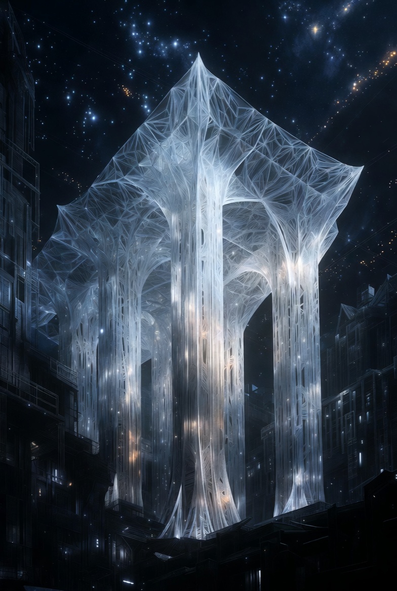 A futuristic, ethereal architectural structure with glowing pillars against a starry background.