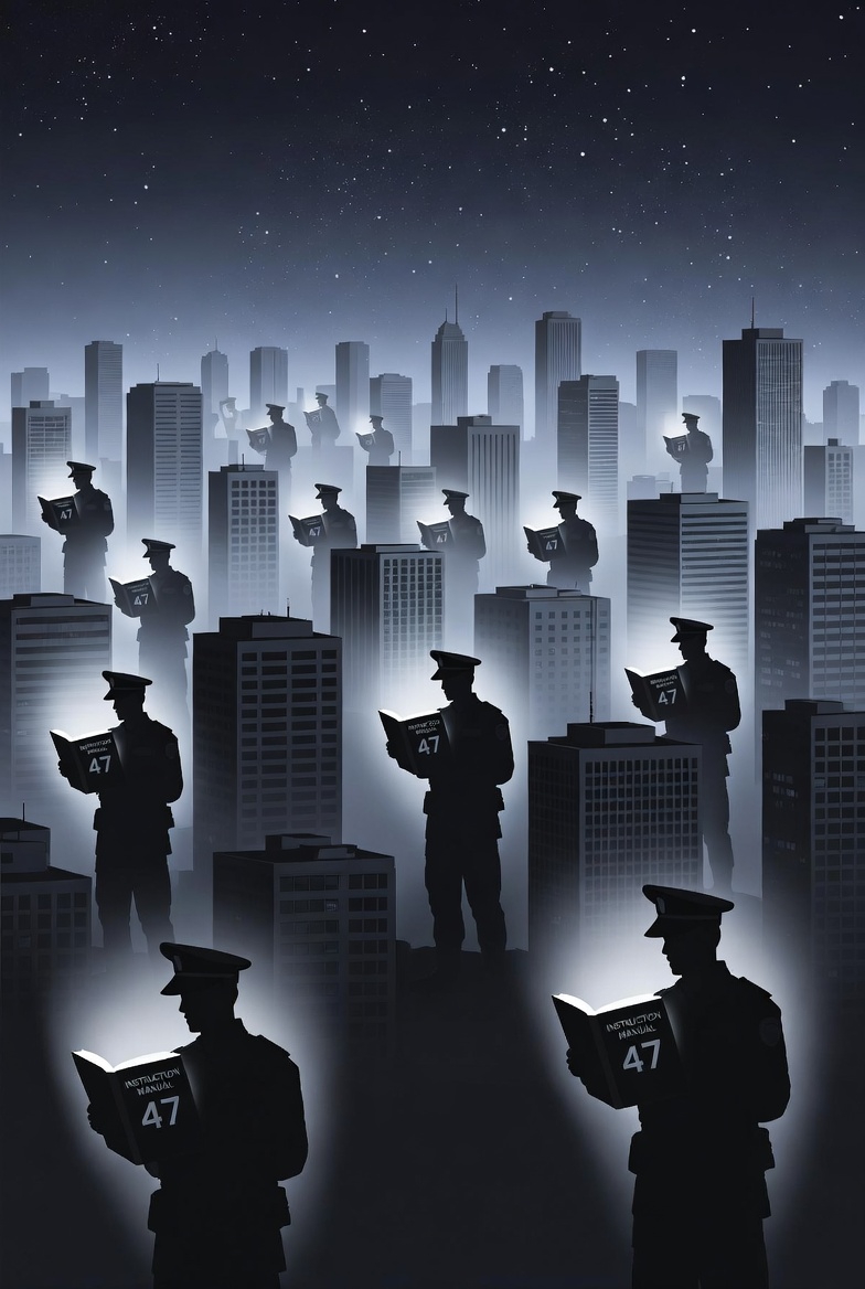 A digital illustration of synchronized security guards reading manuals in a global night scene.