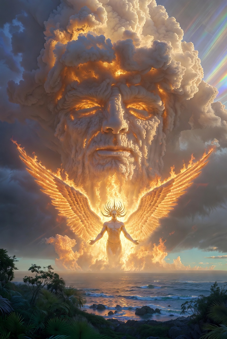 A majestic biblical vision from Ezekiel 1: a tremendous windstorm coming from the north, a great cloud with flashing fire burning continually inside it, four living creatures each having four faces and four wings, beside them wheels within wheels with rims full of eyes all around, above the expanse over their heads a throne appearing like sapphire, and seated upon the throne a figure in human form—from the waist upward like gleaming metal surrounded by fire, from the waist downward pure fire, with a radiant brightness surrounding the entire figure, resembling the appearance of a rainbow in the clouds on a rainy day