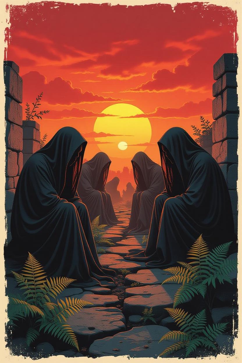 An artistic and introspective image reflecting on history’s echoes, depicting the rot of humanity with frail, shadow-cloaked bodies symbolizing the ‘untolled,’ their time harsh yet quick, illuminated by a dramatic, crimson sunset that casts a haunting glow over the scene. The scene reveals God’s Garden beneath layers of filth, with delicate ferns sprouting through decayed stone, questioning whether the figures are shepherds or wolves, laying bare the raw truth of human history.