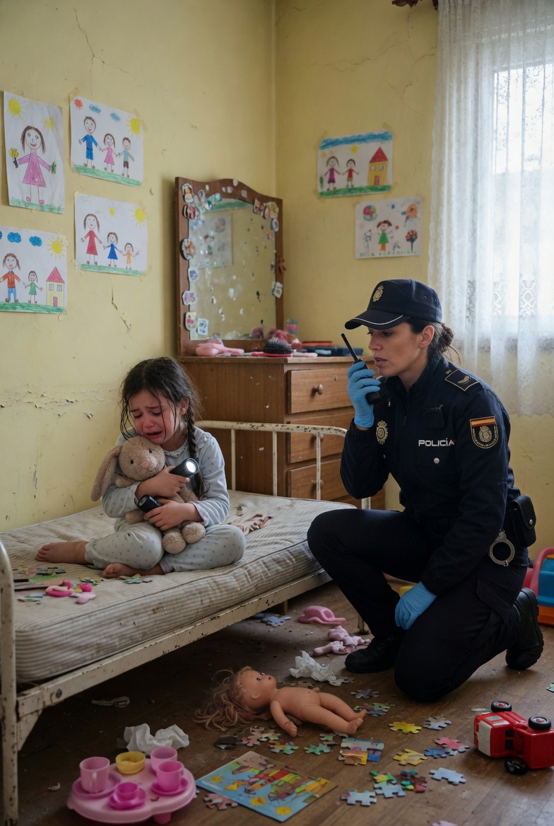 A highly realistic vertical 4:5 documentary-style photo inside a neglected Spanish child’s bedroom, natural daylight entering through the lace-curtained window on the right, neutral white balance, NO yellow light, NO warm tone, realistic soft shadows and muted colors; composition exactly like the reference image, with cracked pale yellow walls, peeling paint, children’s drawings taped unevenly on the wall, old wooden dresser with mirror, worn metal bed frame, dirty mattress, messy wooden floor, scattered puzzle pieces, tissues, dolls, a pink toy tea set and a red toy truck; on the left foreground, a frightened little Spanish girl sits curled up on the bed crying, hugging a plush bunny and holding a small flashlight, wearing the same long-sleeve pajama set style but changing only the color to pale dusty blue with tiny muted lavender dots; on the right foreground, a Spanish female police officer kneels beside the bed, speaking gently into a radio, wearing the same police uniform, cap, badge, utility belt, black boots and blue gloves style but changing only the uniform color to deep midnight navy; exact character positions, gestures, facial expressions, clothing shapes, room layout, props, camera angle and depth of field as the provided image, photorealistic, sharp facial details, natural fabric texture, no cartoon, no fantasy, no exaggerated saturation.