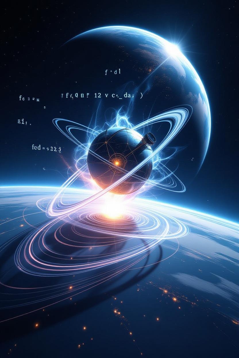 Abstract visualization of orbital decay as a metaphysical concept. Central focus: a ghostly, translucent satellite dissolving into mathematical equations and trajectory lines, with equations (F_d = ½ρv²C_dA) visible but ethereal, as if written in light. Background: Earth's curvature in deep shadow with pinprick city lights. Middle ground: Spiral paths of decaying orbits rendered as luminous white-to-amber gradient lines, getting tighter and faster as they approach atmosphere. Foreground: Fragmented debris pieces mid-transformation - solid metal transitioning to wireframe to particle clouds to pure light as they 'remember how to fall.' Visual metaphor: Make it look like satellites are becoming constellation patterns - both astronomical objects and mythological figures simultaneously. Style: Blend of technical diagram aesthetics with renaissance painting composition. Think NASA visualization meets Remedios Varo surrealism. Color scheme: Midnight blues, silver-whites, amber accents, subtle violet atmospheric glow. Text integration: 'v² makes few molecules matter' in elegant serif font, integrated naturally into the composition.