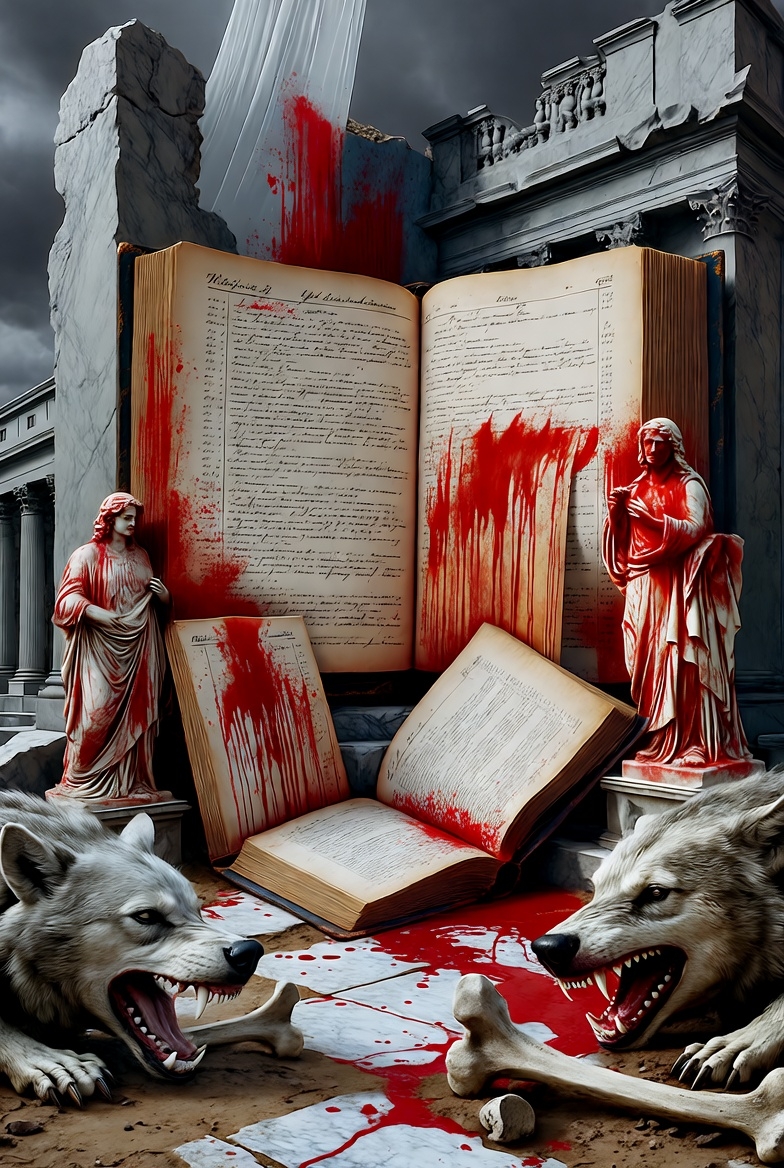 A surreal digital illustration of decayed historical records and monuments, intertwined with blood and eternal hunger.