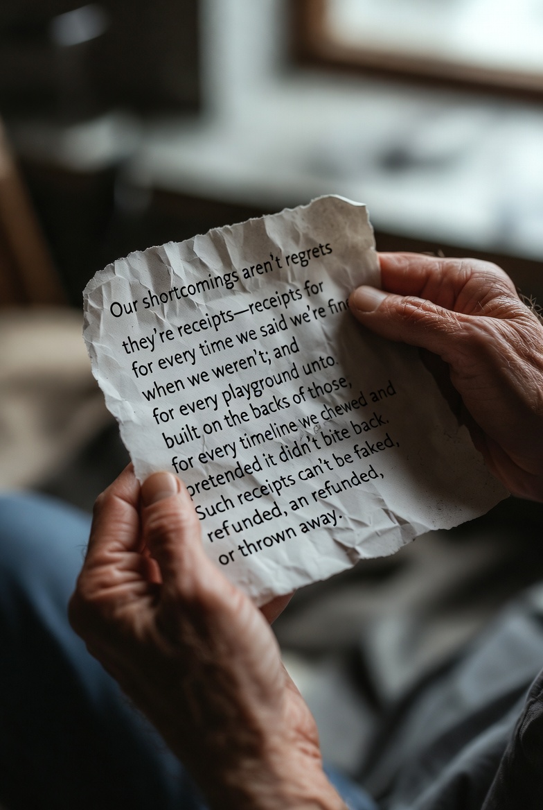 A close-up of hands holding a crumpled paper with handwritten text, in a contemplative indoor setting.