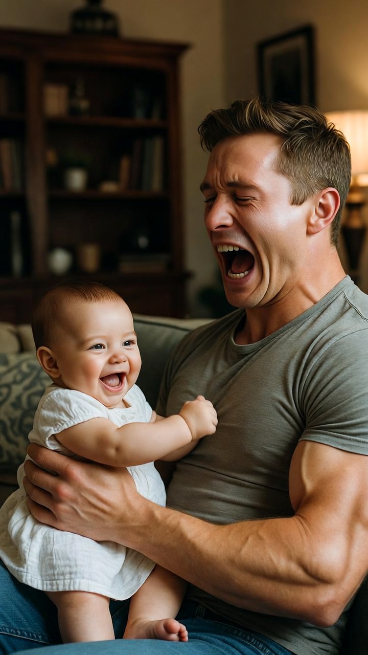 A joyful photograph of baby Nisha and adult Johnny in a playful interaction at home.