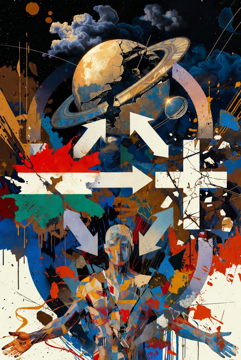 A conceptual abstract artwork depicting cyclical corruption across celestial, national, human, and theological domains.