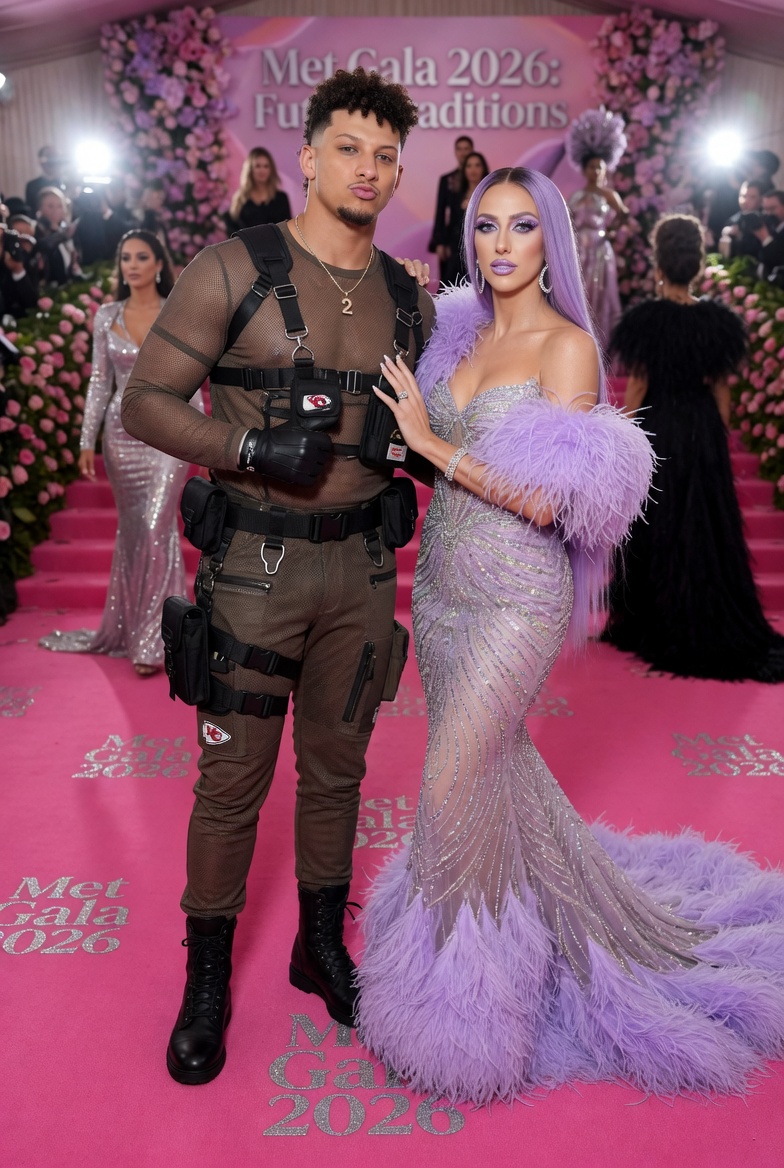 Patrick Mahomes and Brittany Mahomes attending Met Gala 2026, standing together on the pink carpet, high fashion red carpet photography.
Patrick Mahomes: wearing a sheer brown tactical-style outfit with multiple black leather harnesses, straps, utility pouches, black leather gloves, black boots, military-inspired details, looking confident at the camera, signature mullet hairstyle with fade, beard, muscular build.
Brittany Mahomes: wearing a sparkling light purple strapless mermaid gown with intricate beading and sheer crystal netting, large dramatic fluffy lavender feather shawl on one arm, long flowing lavender feather train on the floor, long straight lavender-purple hair, elegant pose, glamorous makeup.
Both posing elegantly together at the Met Gala, luxurious event atmosphere, other celebrities blurred in background, cinematic lighting, highly detailed, photorealistic, 8k fashion photography