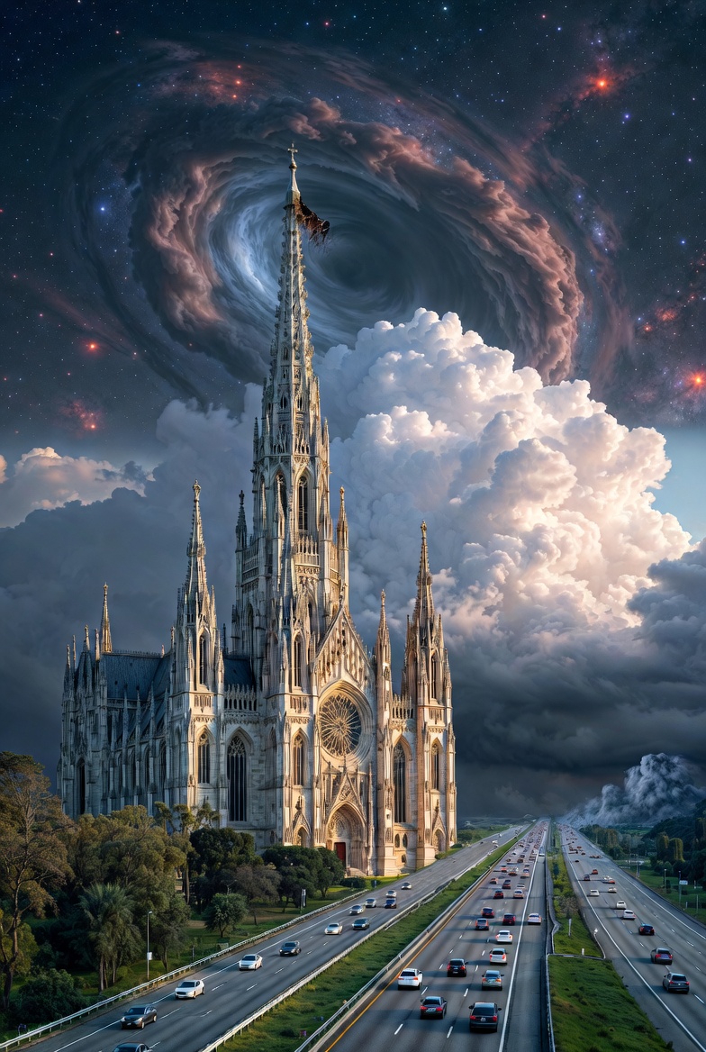 A photograph of interconnected systems failing: a damaged cathedral, stalled highway, and cosmic chaos.