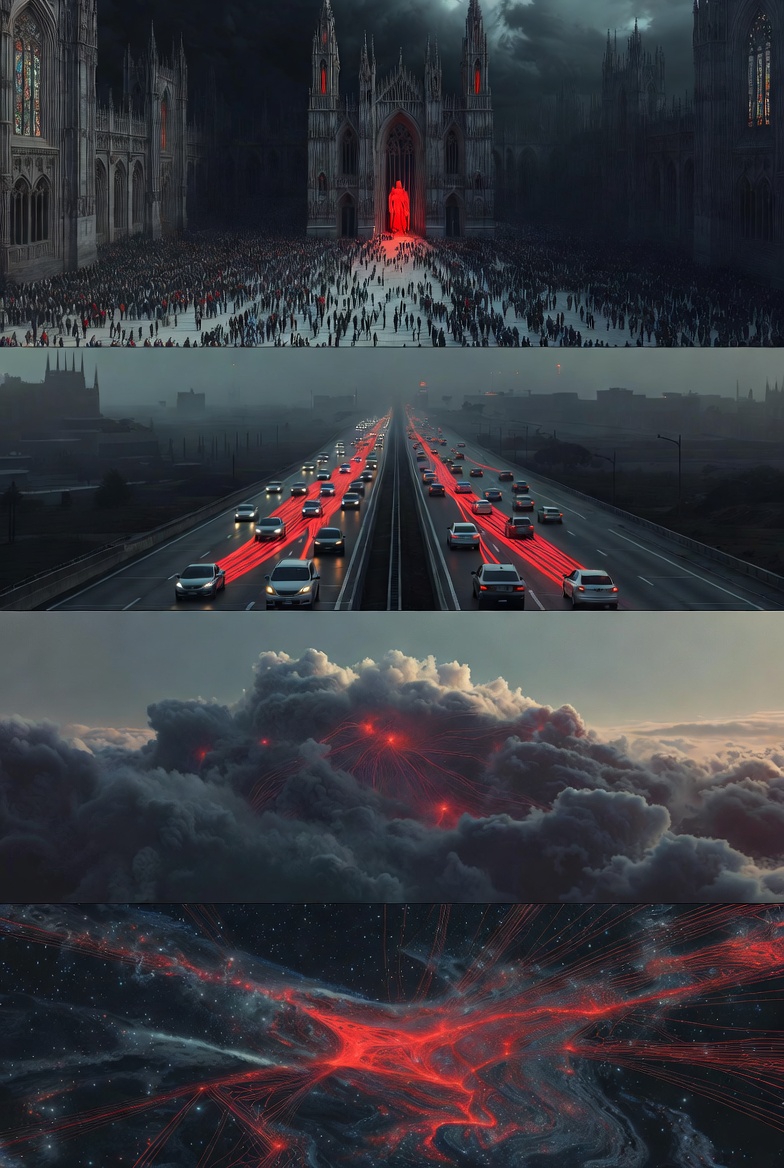 A conceptual image of invariant 1: N² correlated failure scaling across four scenes.