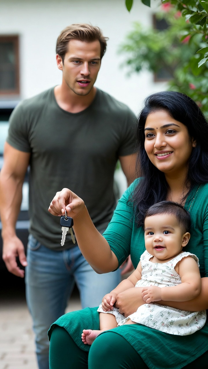 A family moment with Neetu, Johnny, and baby Nisha during a departure in a home courtyard.