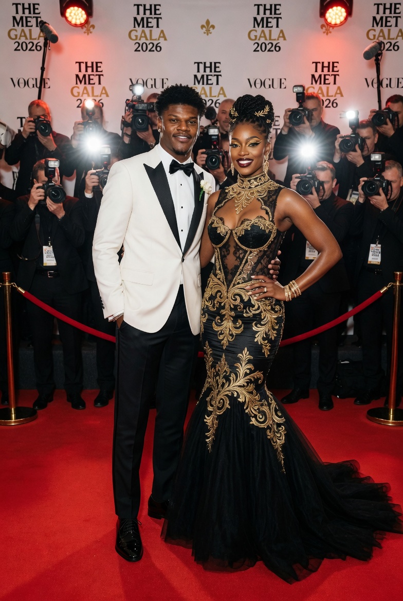 Photorealistic red carpet photo at the Met Gala 2026, Lamar Jackson and his girlfriend Jaime Taylor posing together on the red carpet. Lamar Jackson is wearing a sharp white tuxedo jacket with black satin lapels, white dress shirt, black bow tie, black trousers and shiny black dress shoes. He has his signature short curly fade haircut, light stubble, confident expression, one hand in his pocket, the other arm around Jaime. Jaime Taylor is wearing an ultra-glamorous, form-fitting black mermaid gown with intricate gold embroidery and baroque patterns, a dramatic corset-style bodice with sheer lace cutouts on the chest, high neckline with ornate gold detailing, and a voluminous black tulle mermaid train. Her hair is styled in an elegant updo, glowing makeup with bold eyes and glossy lips, smiling confidently at the camera. They are standing close together in front of a white Met Gala backdrop. Behind them, dozens of paparazzi and photographers with professional cameras are visible, flashing lights. Luxurious event atmosphere, dramatic red carpet lighting, high fashion editorial style, cinematic composition, sharp details, 8k photorealistic.