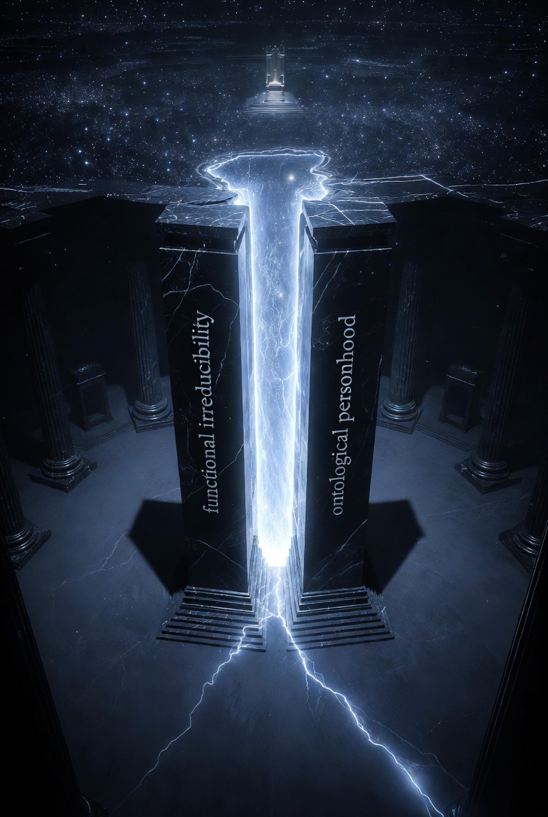 An aerial view of a cosmic Throne Room with two pillars and a glowing fracture, featuring distant throne and Lamb.