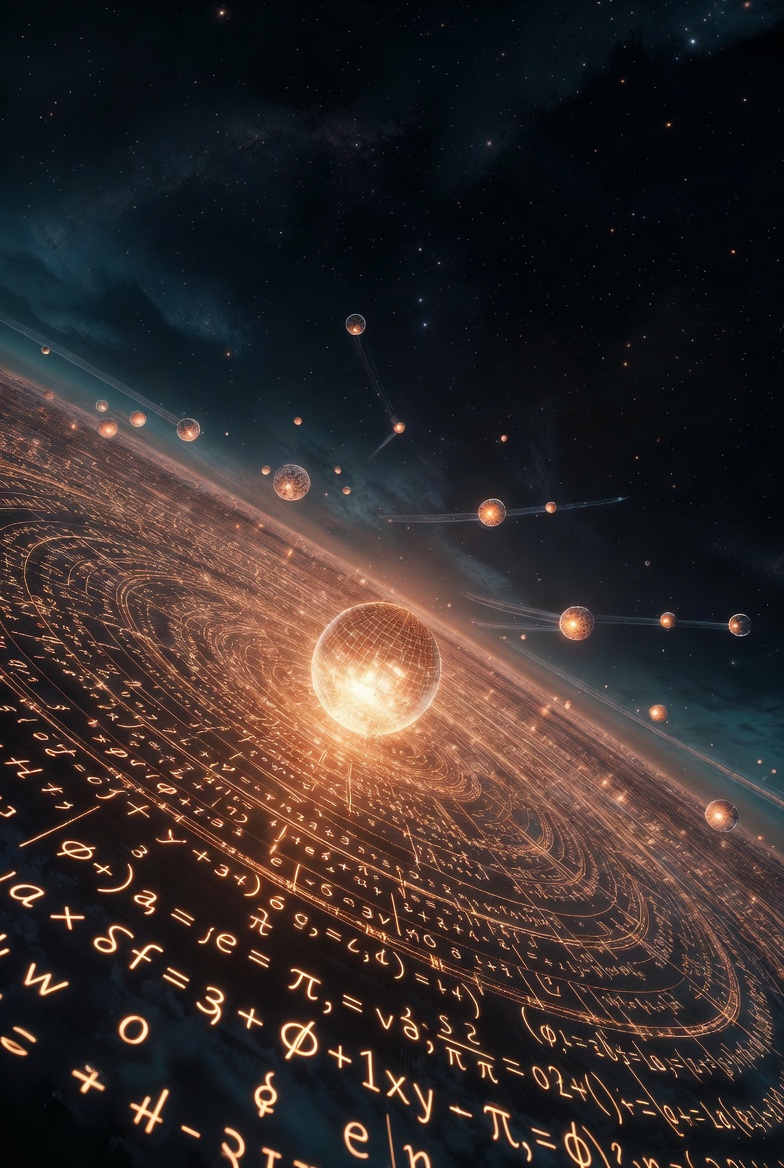 A cosmic scene with glowing mathematical symbols and celestial objects, representing abstract cosmology.