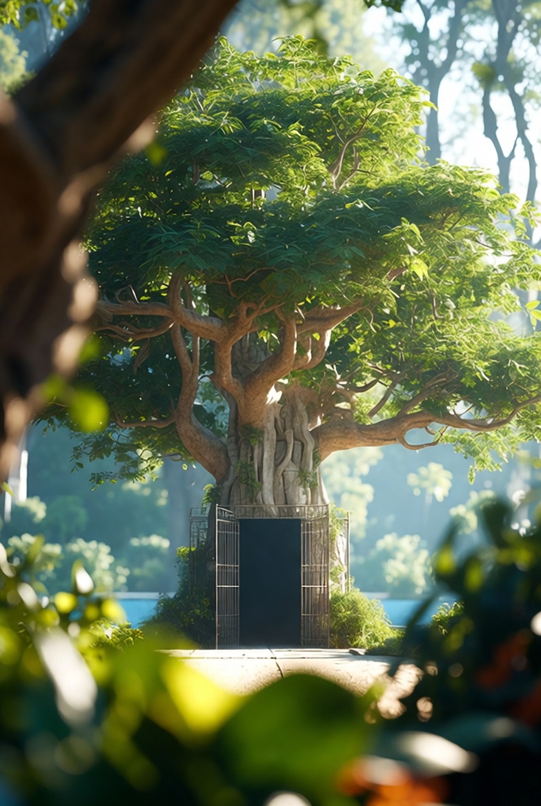 A symbolic photograph of Revelation 2:7's tree of life in a paradisiacal, guarded setting.