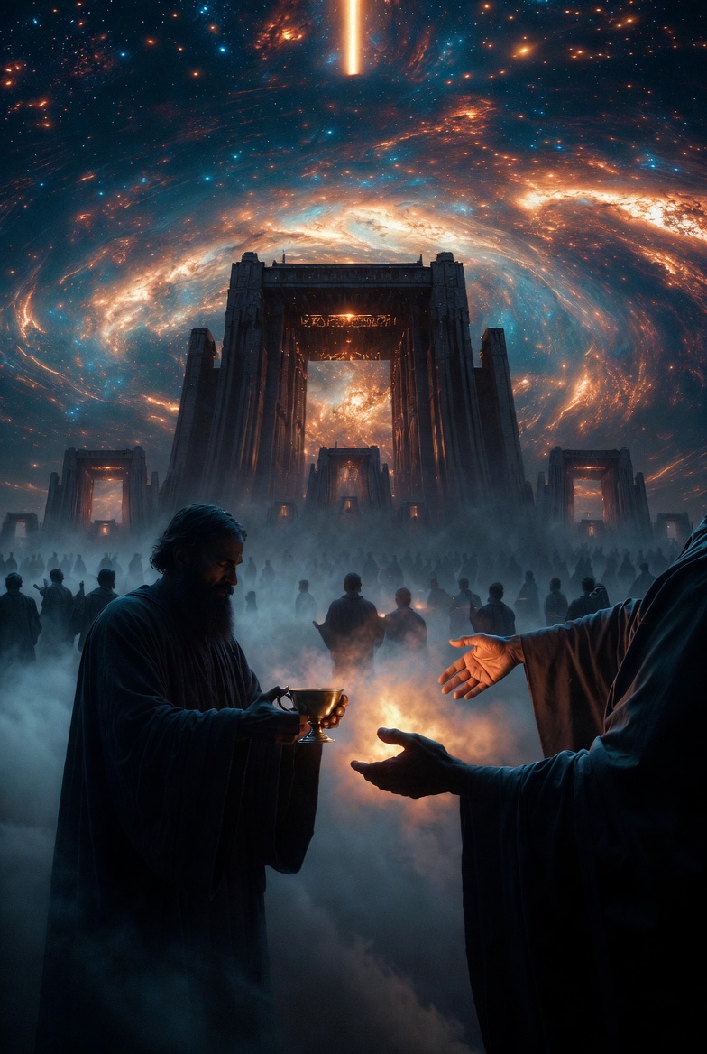 A symbolic cosmic scene with figures in conflict over a cup, featuring a glowing structure and swirling patterns.