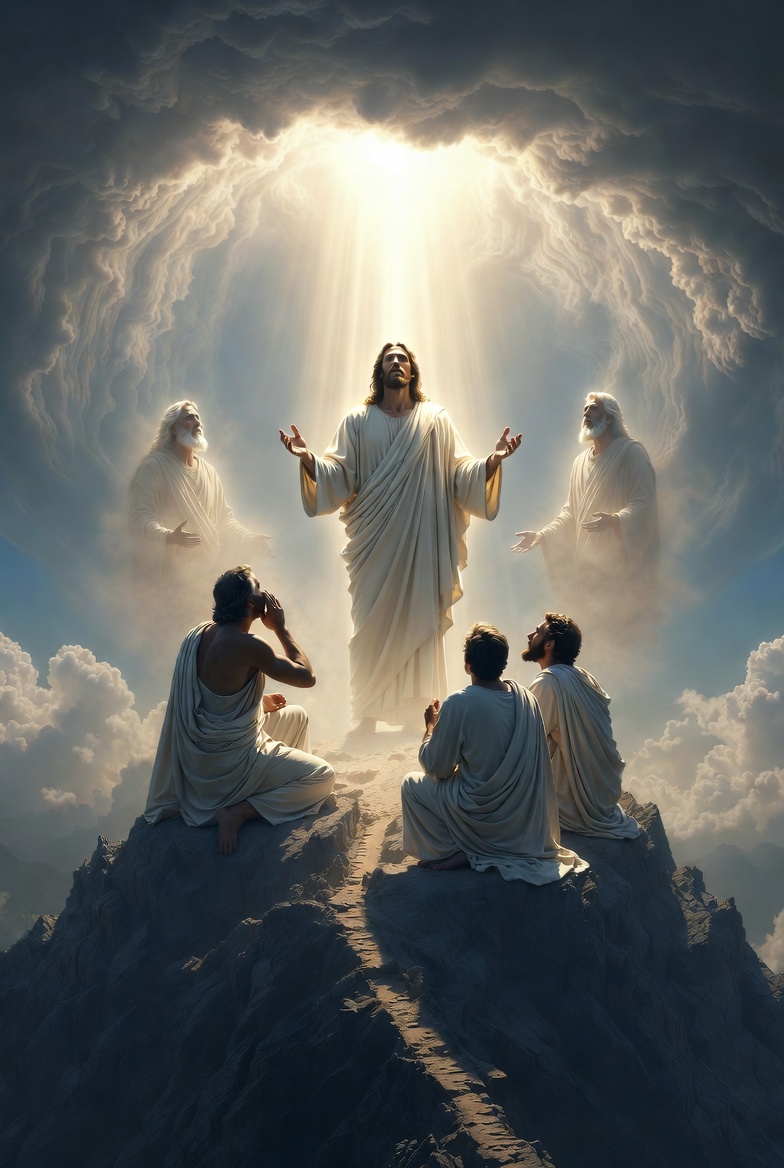 A photograph of the Transfiguration of Jesus with disciples on a mountain, featuring Moses and Elijah in a dramatic, divine setting.