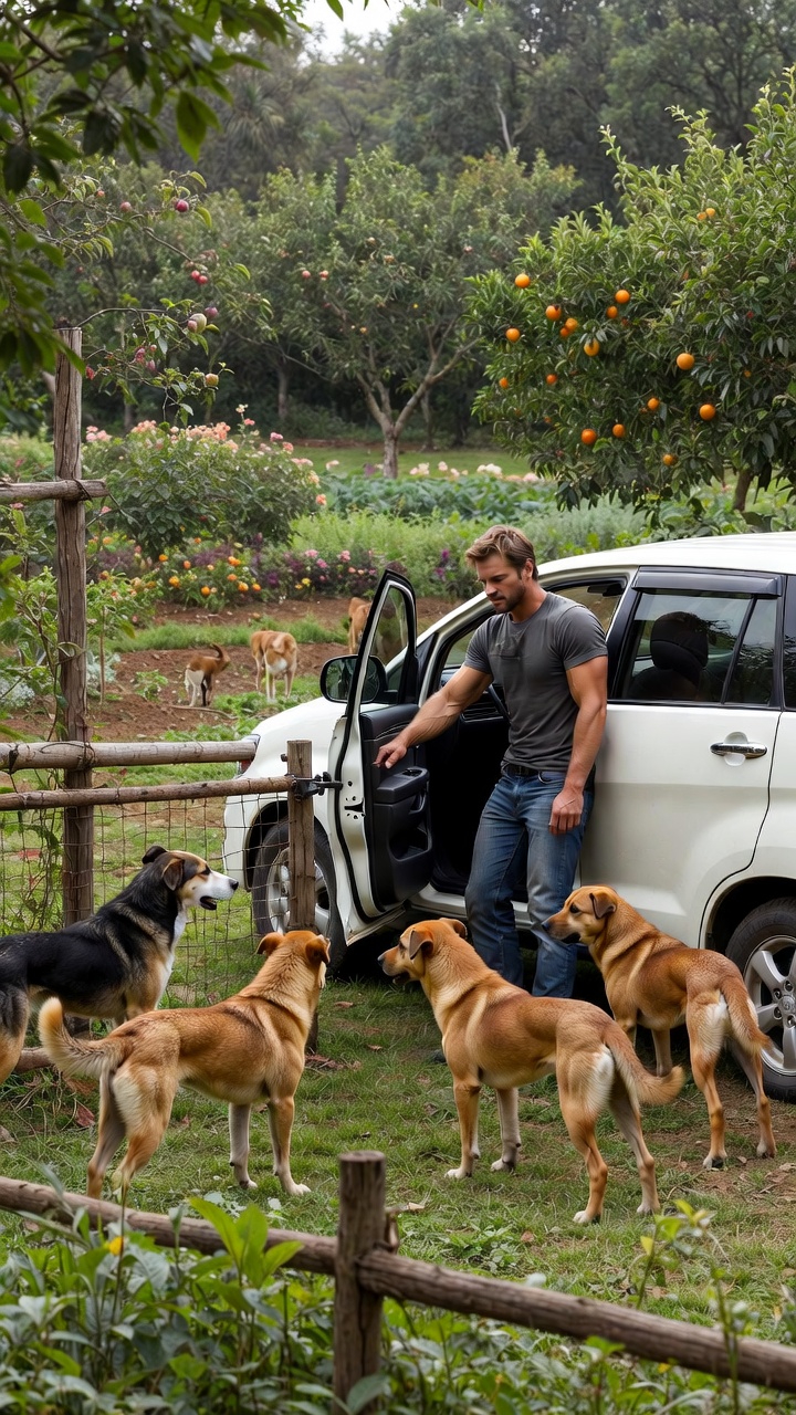 Johnny secures an orchard gate in a lush farm, with dogs patrolling, in a realistic style.