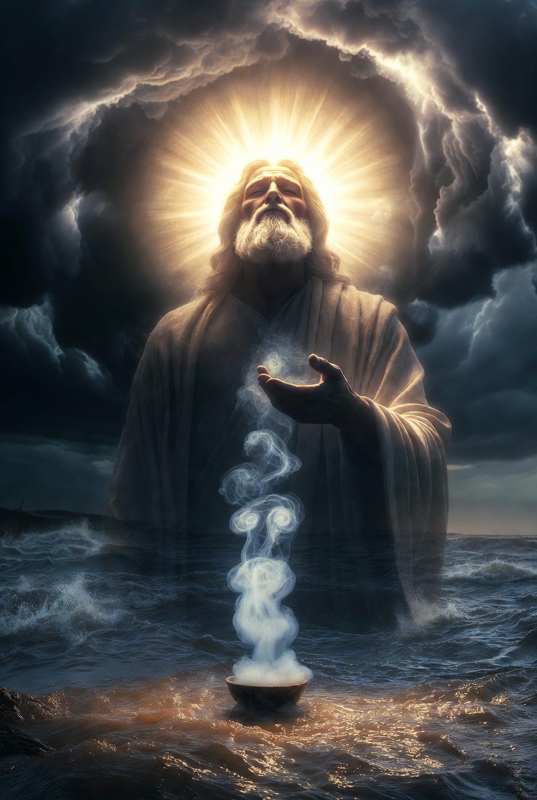 A photograph of Yahweh interacting with a soothing aroma in a biblical Flood scene.