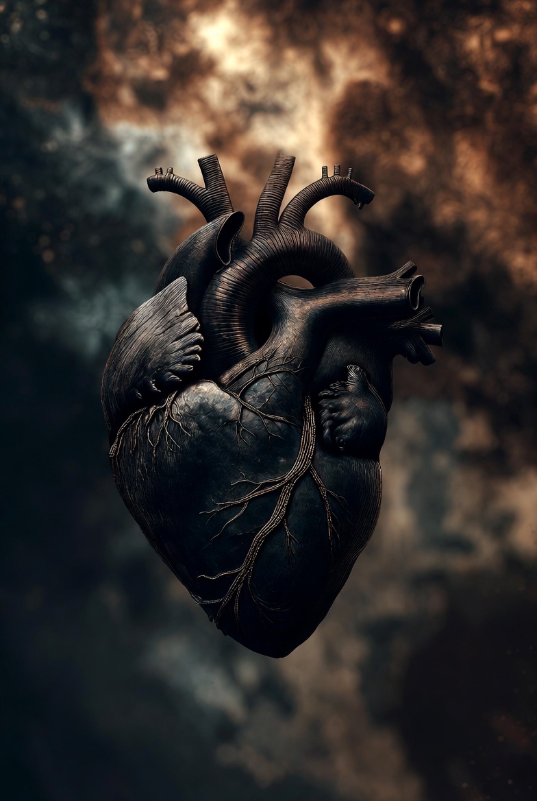 A photograph of an abstract symbolic heart with deceitful patterns, in a dark, mysterious setting.