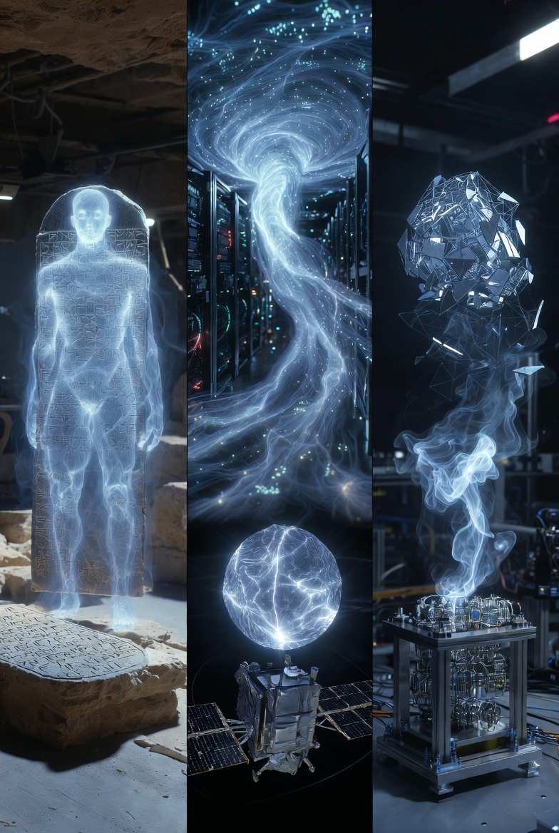 Five spectral entities emerge from diverse environments, symbolizing unintended coordination at scale in a surreal, blue-toned scene.