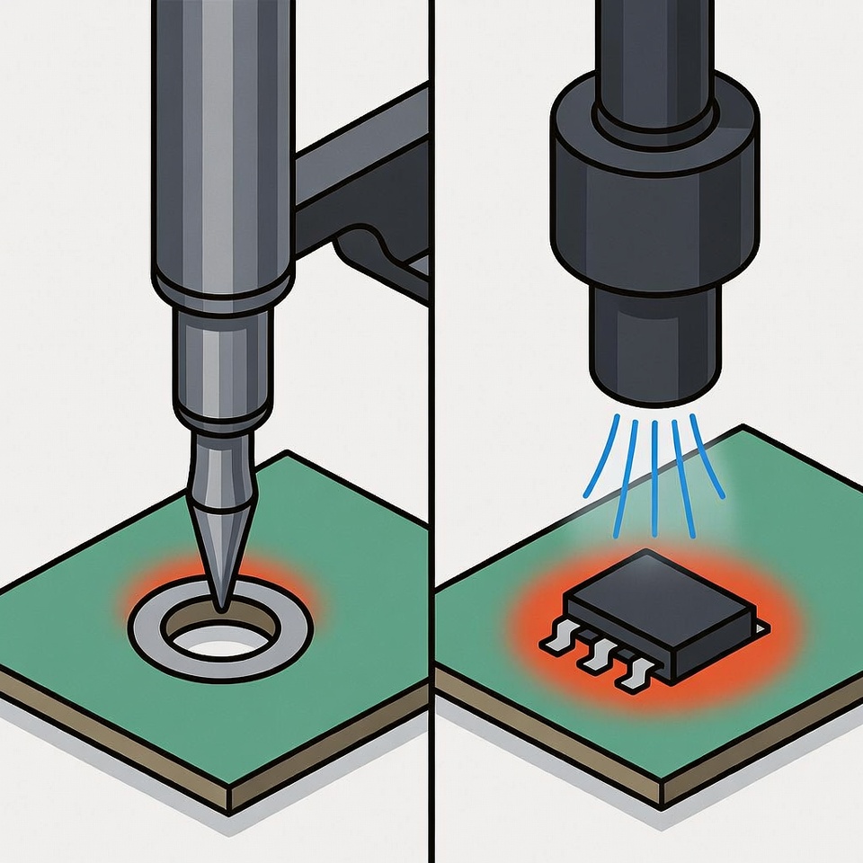 Soldering iron vs hot air station heat application comparison on PCB components showing localized vs distributed heat delivery