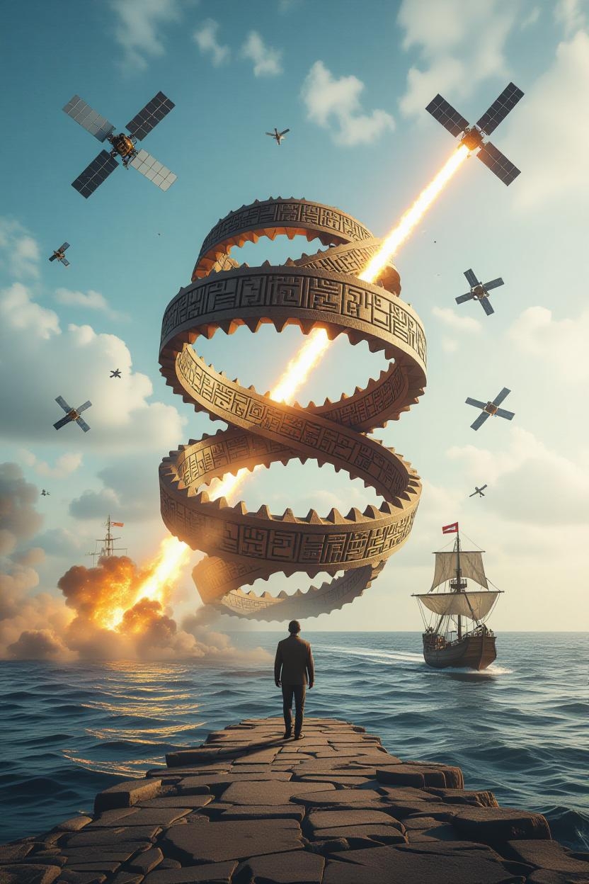 A visual representation of a recursive timeline where history loops back, depicted as a Möbius strip with teeth, incorporating elements of cuneiform from 3200 BCE, Starlink satellites burning in 2022, and Columbus's voyage in 1492, symbolizing the repetitive nature of historical events and their impact, with a focus on the viewer as a witness feeling the gut punch of history repeating.