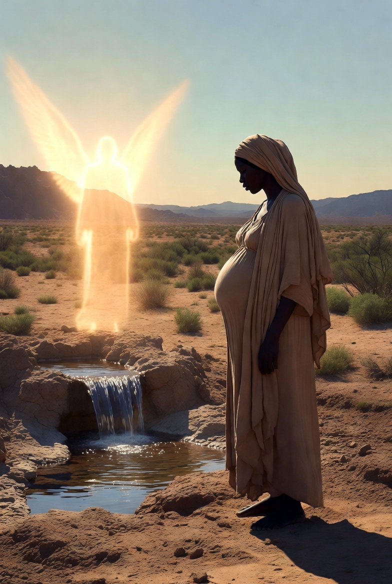 Hagar encounters the angel of the LORD by a desert spring in a serene biblical scene.