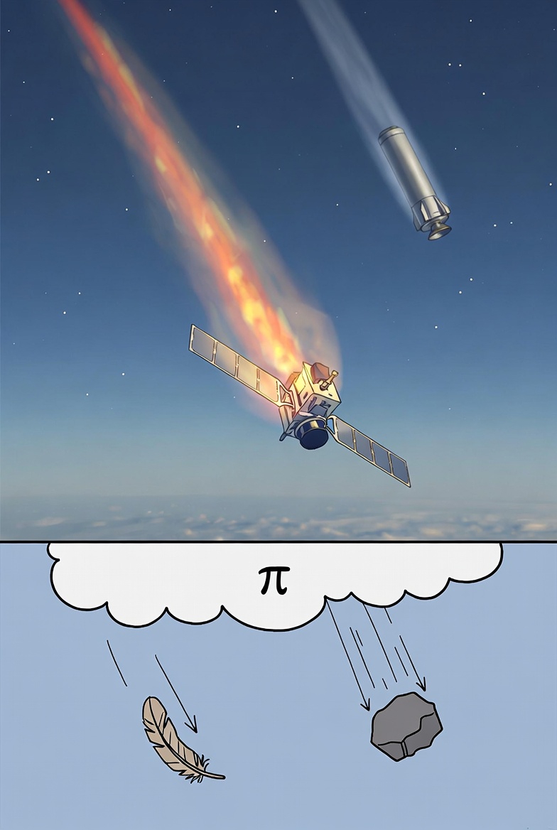 A digital illustration contrasting low β and high β satellites in Earth's atmosphere, with a child's drawing analogy.