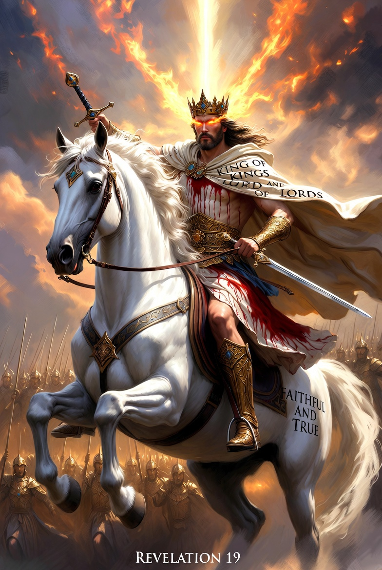 A dramatic biblical illustration of Revelation 19's Rider on a white horse, symbolizing Jesus Christ in a heavenly, apocalyptic scene.