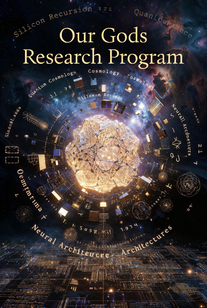 A conceptual abstract artwork titled "Our Gods Research Program" with cosmic background, glowing structures, and symbolic elements.