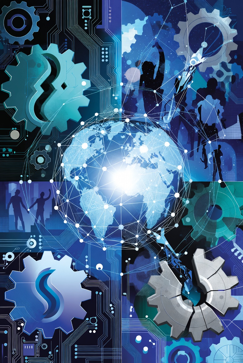 A digital illustration of a network symbolizing technology's societal impact, featuring interconnected nodes, gears, and human silhouettes in a contemplative style.
