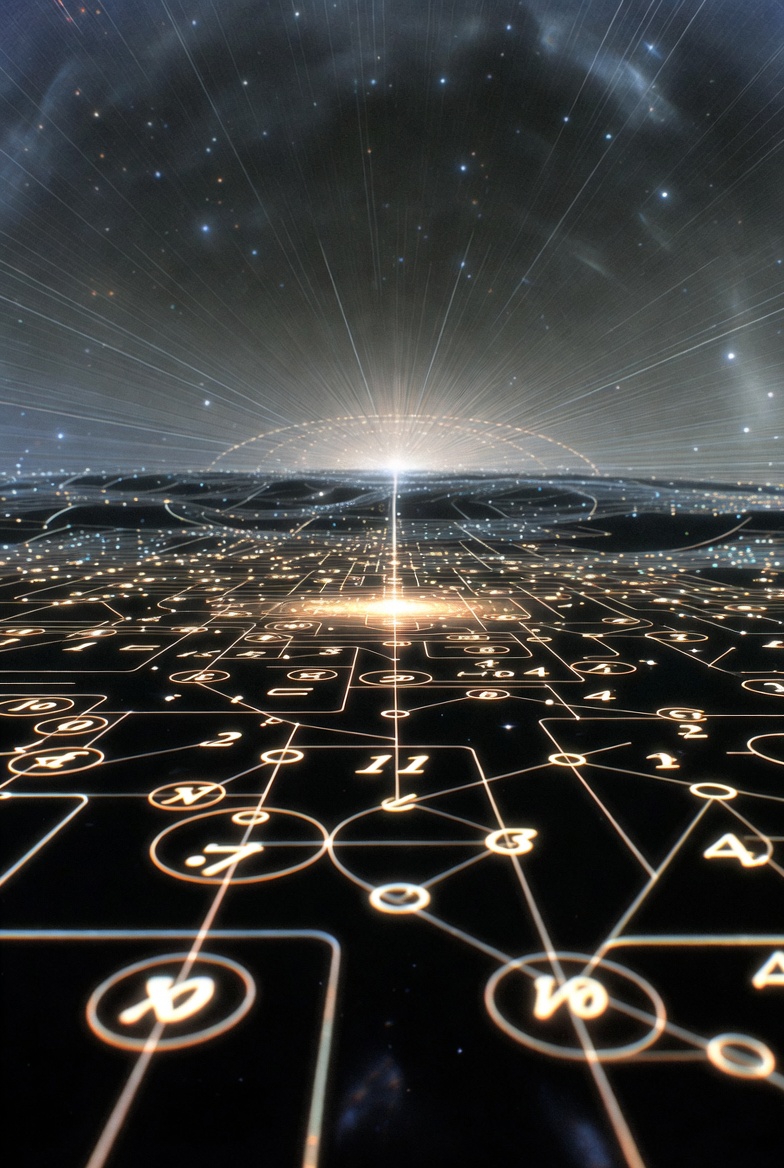 A cosmic photograph with glowing network and central light, symbolizing abstract cosmology concepts.