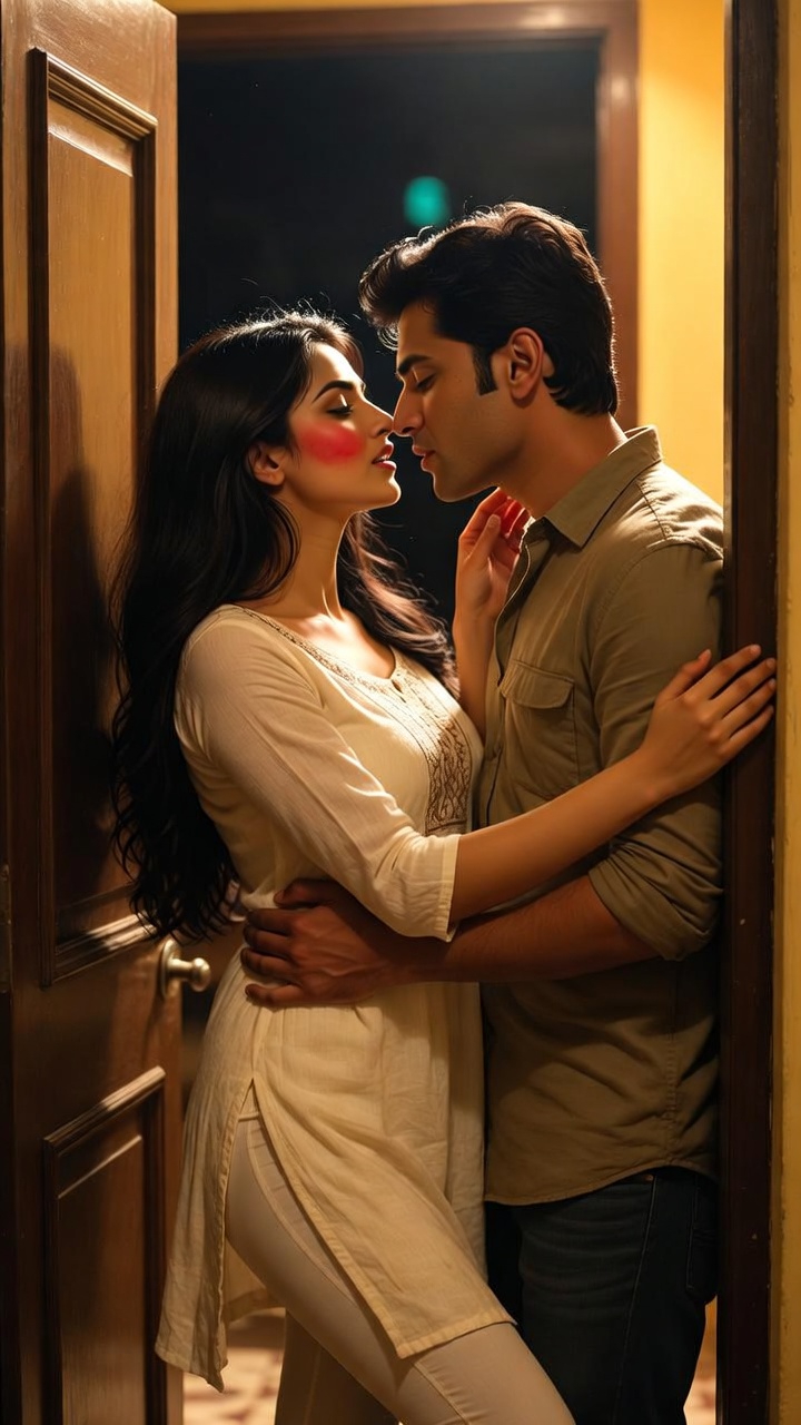 A photograph of Anusha and Pratap sharing a passionate moment at their home entrance, in warm golden hour lighting.
