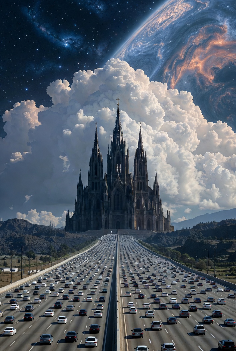 A conceptual abstract image illustrating monoculture vulnerability with a cathedral, highway, and cloud formation.