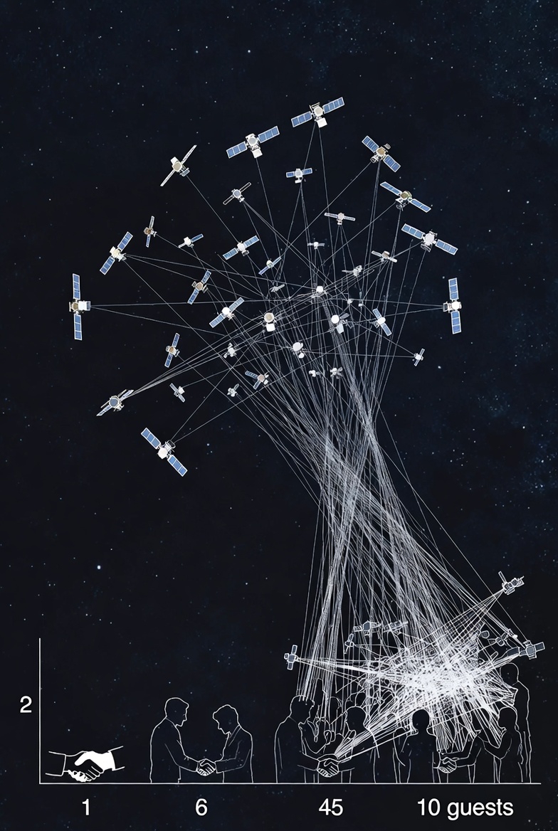 A digital illustration comparing satellite space scene with party handshake connections in a minimalist style.