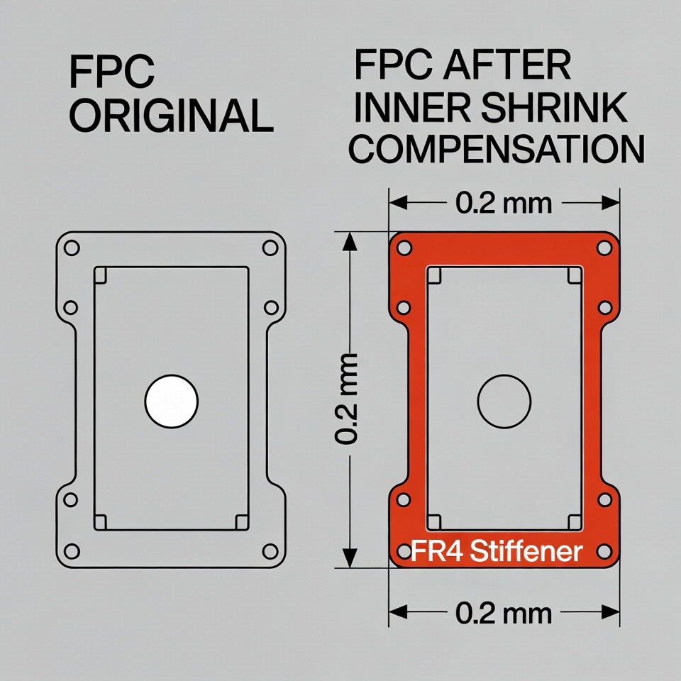 Side-by-side CAD comparison showing original FPC hole and outline versus FR4 stiffener data after inner shrink compensation (0.2 mm offset highlighted in red).