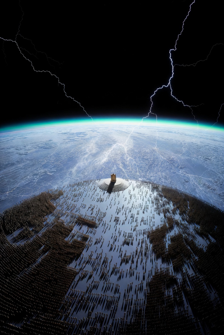 Top-down view into an immense heavenly Throne Room—scale cosmic, no edges in sight. Central throne tiny against infinite black void, lightning cracking across endless crystal sea, emerald rainbow a thin arc miles wide. Twenty-four elders dots on the floor, four creatures dwarfed by distance—wings barely visible, eyes like stars. Lamb stands scarred, seven horns and seven eyes glowing, scroll in hand. Harsh light pours from nowhere, shadows stretch forever—raw, overwhelming, no walls, no ceiling—just endless awe.